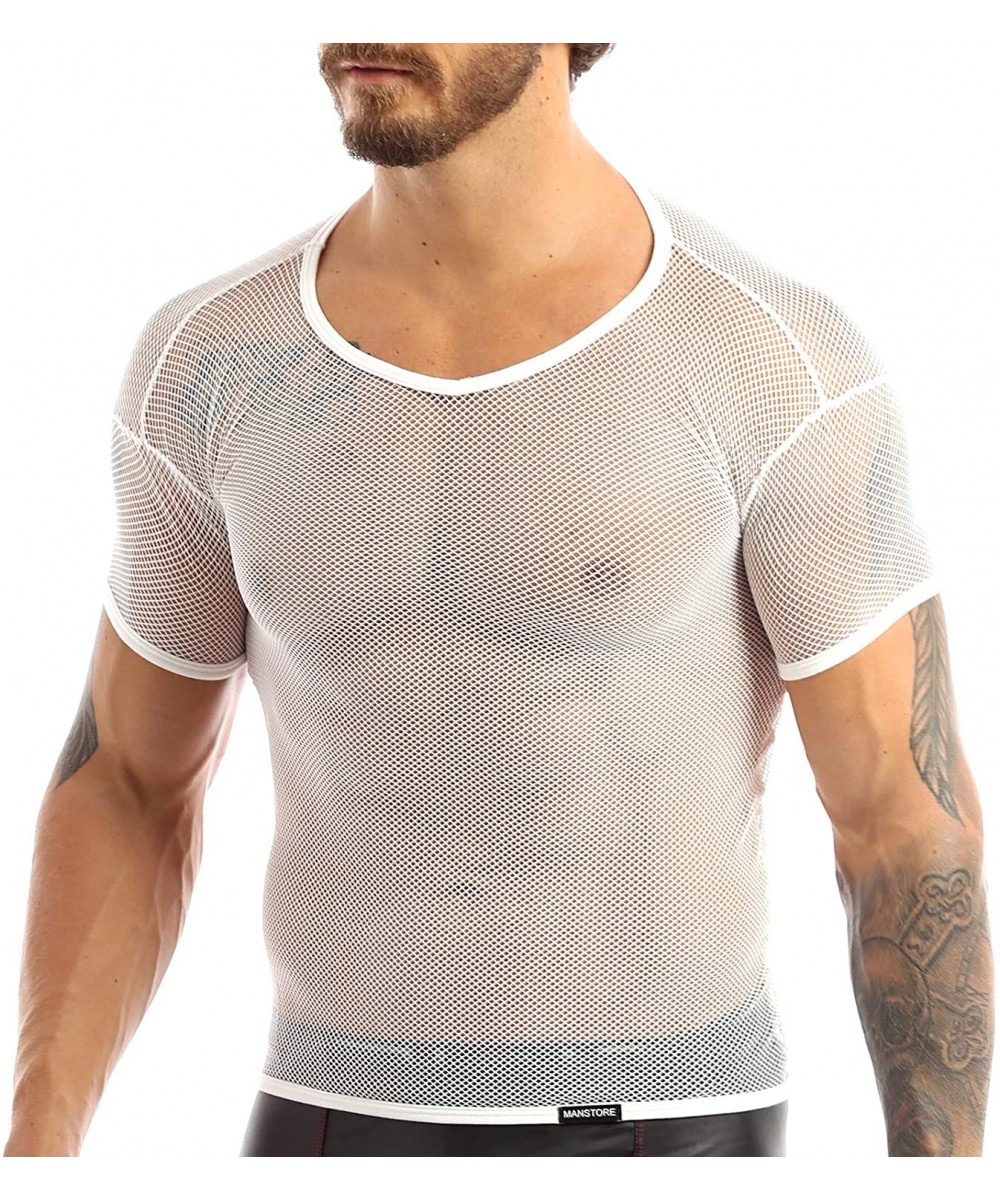 Undershirts Men's Sexy See Through Mesh Sheer T-Shirt Top Clubwear Fishnet Short Sleeve Undershirts Tee Blouse - White - CG18...