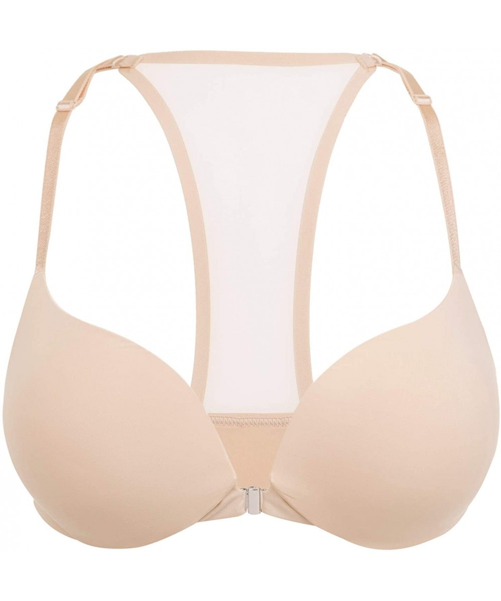 Bras Women's Push Up Racerback Front Closure Bra Plunge Padded Tshirt Underwire - Beige - CG18XKZDDX7