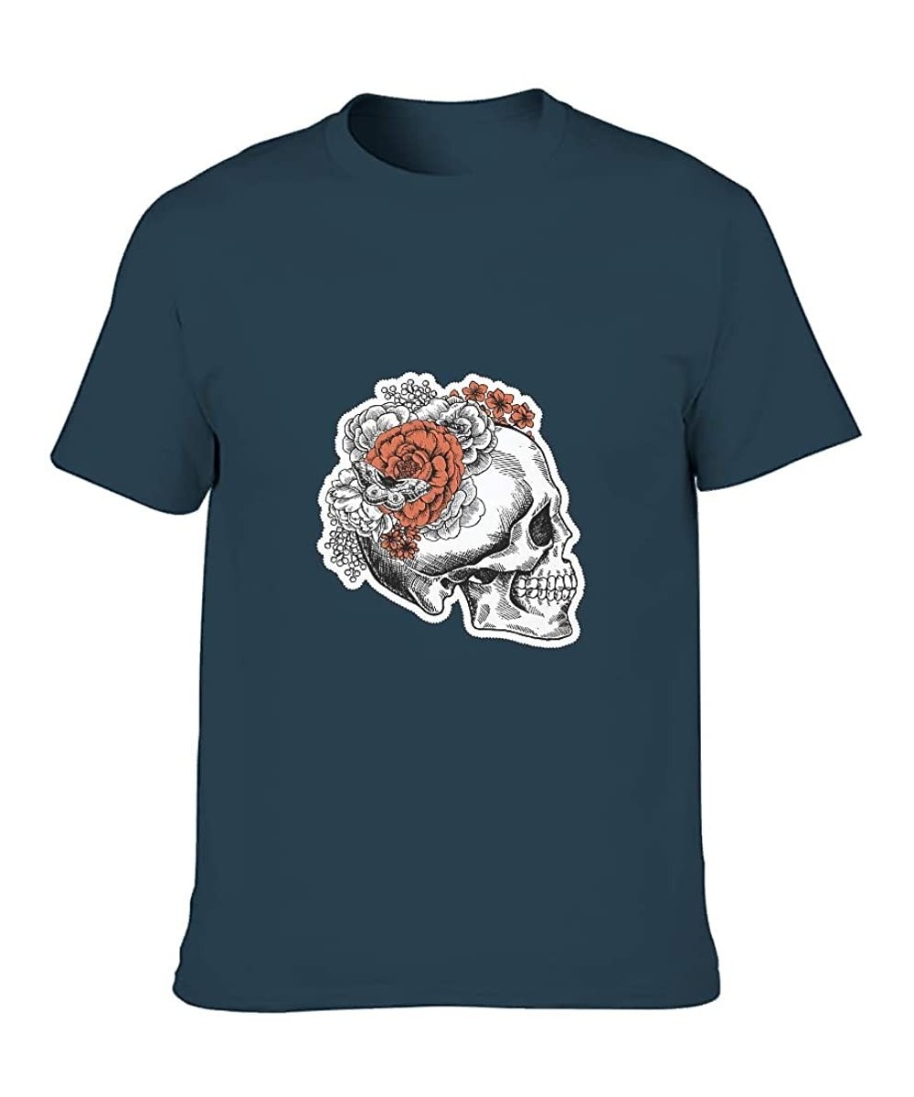 Undershirts Wreath Skull Cotton T Shirt Mens Soft Everyday Short Shirt Scary Skull - Navy - CM19DSTUYNZ