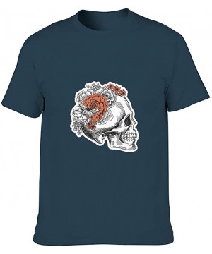 Undershirts Wreath Skull Cotton T Shirt Mens Soft Everyday Short Shirt Scary Skull - Navy - CM19DSTUYNZ