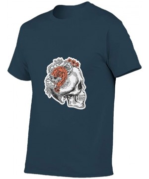 Undershirts Wreath Skull Cotton T Shirt Mens Soft Everyday Short Shirt Scary Skull - Navy - CM19DSTUYNZ