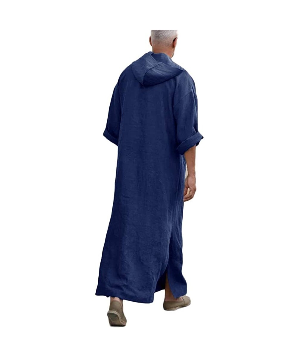 Robes Mens Kaftan Hooded Robe Linen Loungewear V Neck Long Night Gown Shirt Thobe - A-navy - CB18RGQM9AN