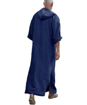 Robes Mens Kaftan Hooded Robe Linen Loungewear V Neck Long Night Gown Shirt Thobe - A-navy - CB18RGQM9AN