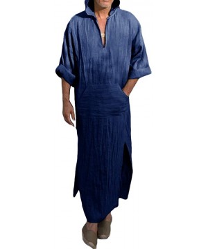 Robes Mens Kaftan Hooded Robe Linen Loungewear V Neck Long Night Gown Shirt Thobe - A-navy - CB18RGQM9AN