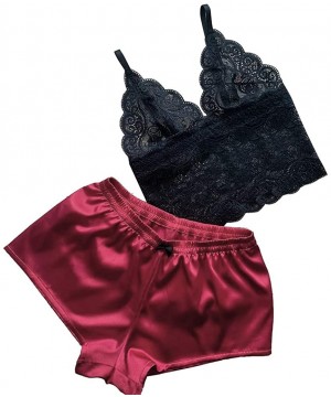 Sets Sexy Lingerie Set for Women Satin Cami and Shorts Lace Pajama Sleepwear Cami PJ Sets Nightwear (Wine-S) - CQ194HGO82N