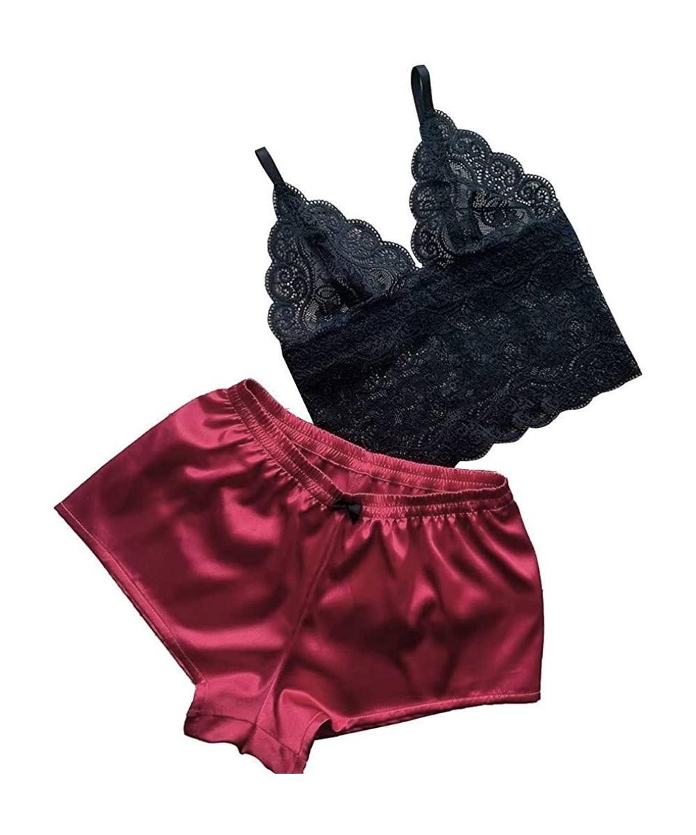 Sets Sexy Lingerie Set for Women Satin Cami and Shorts Lace Pajama Sleepwear Cami PJ Sets Nightwear (Wine-S) - CQ194HGO82N