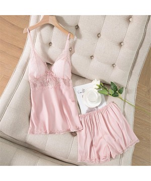 Sets Womens Sexy Sleepwear Lace V-Neck Lingerie Satin Pajamas Cami Shorts Set Nightwear with Chest Pad - A-pink - CA190TAH97I