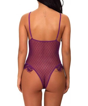 Garters & Garter Belts New Lingerie for Women Teddy One Piece Lace V-Neck Babydoll Bodysuit Jumpsuit - Purple - CK18ZO5IQMO