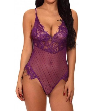 Garters & Garter Belts New Lingerie for Women Teddy One Piece Lace V-Neck Babydoll Bodysuit Jumpsuit - Purple - CK18ZO5IQMO