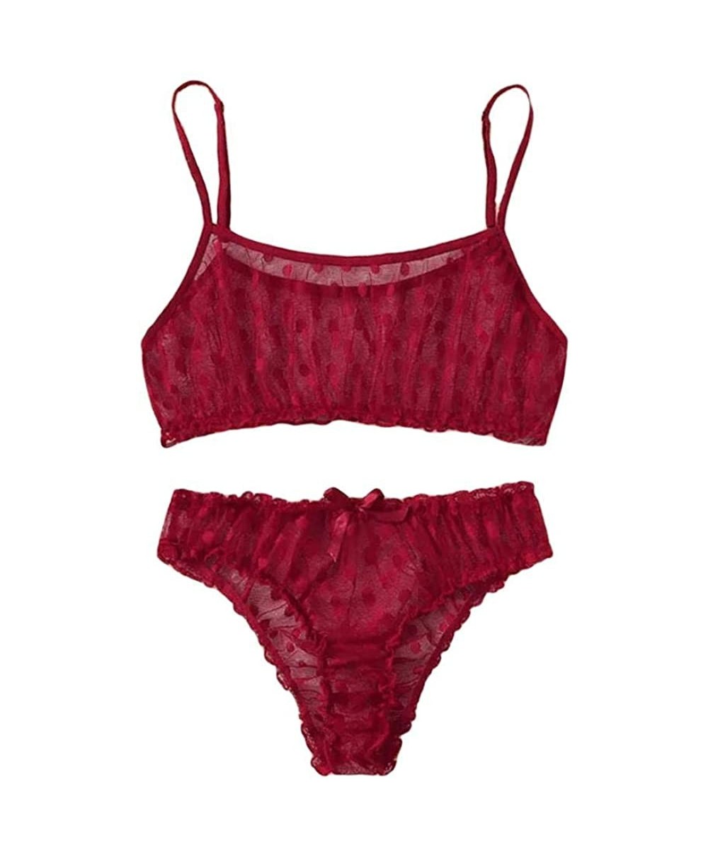 Sets Women's Sexy Polka Dots Pajama Set Bra and Panty Frill Spaghetti Strap Lingerie Set - Burgundy - C9198KMXTL4