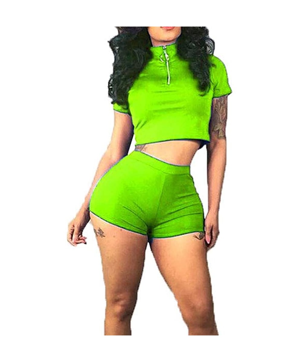 Sets Two Piece Outfits for Women Front Zipper Crop Tops and Shorts Pant Set Tracksuit Womens Biker Short Shiny Green - CY18TA...