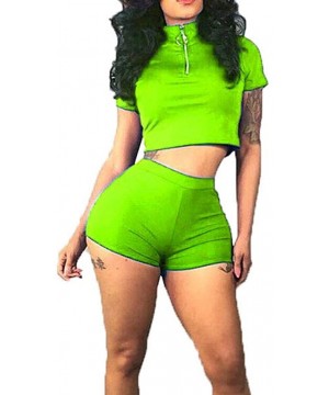 Sets Two Piece Outfits for Women Front Zipper Crop Tops and Shorts Pant Set Tracksuit Womens Biker Short Shiny Green - CY18TA...