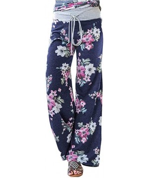 Bottoms Women Comfy Pants Casual Pajama High Waist Stretch Floral Print Drawstring Palazzo Lounge Pants Wide Leg A blue01 - C...