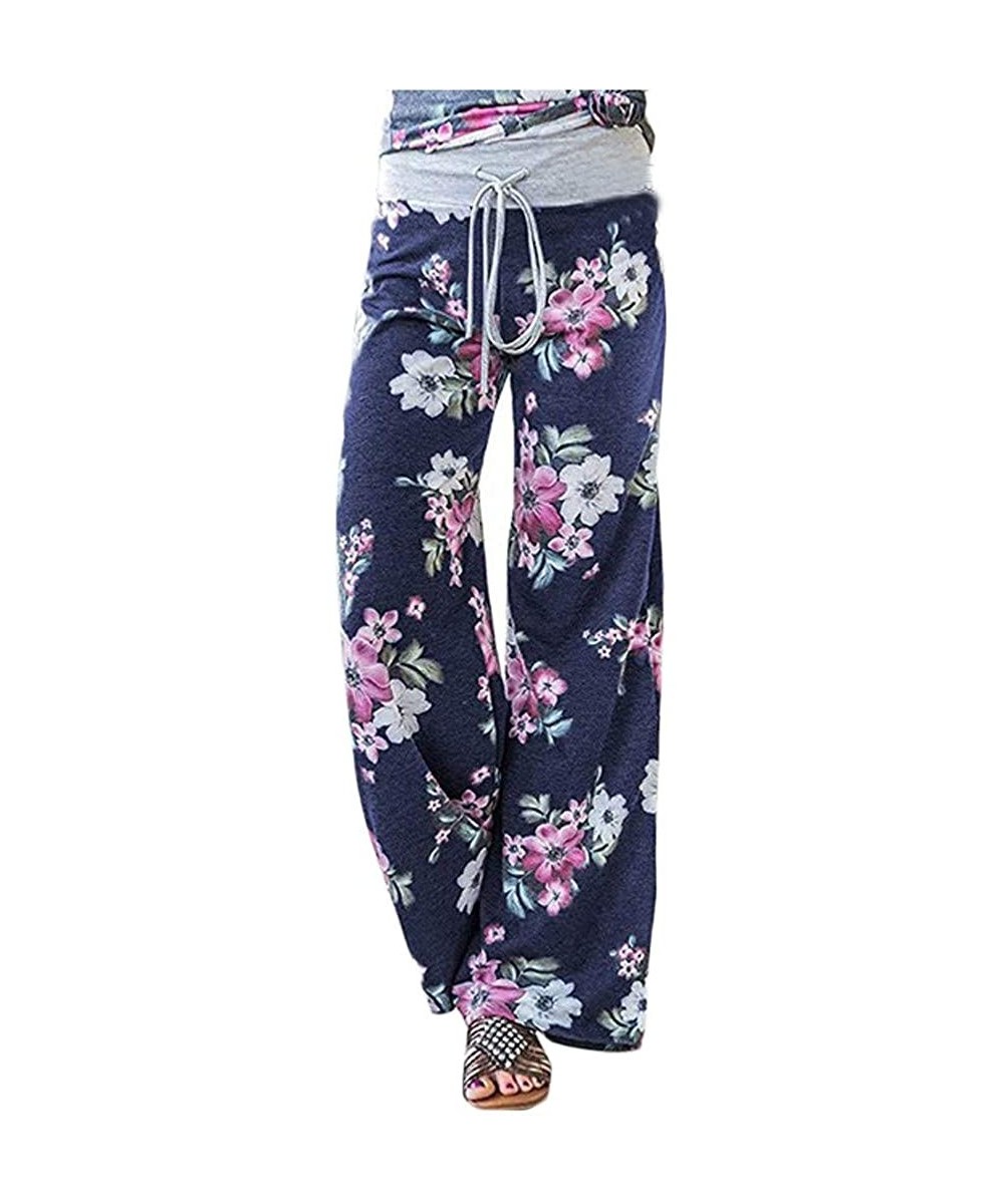 Bottoms Women Comfy Pants Casual Pajama High Waist Stretch Floral Print Drawstring Palazzo Lounge Pants Wide Leg A blue01 - C...