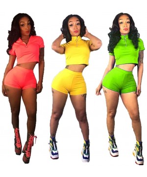 Sets Two Piece Outfits for Women Front Zipper Crop Tops and Shorts Pant Set Tracksuit Womens Biker Short Shiny Green - CY18TA...