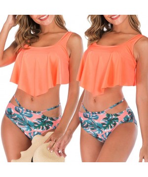 Thermal Underwear Swimsuit for Women Two Pieces Top Ruffled Backless Racerback with High Waisted Bottom Tankini Set - Orange ...