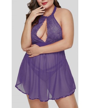 Baby Dolls & Chemises Lingerie Plus Size Babydoll Set for Women Sheer Fantasy Deep V Neck Lace Chemise - Purple - C718SG8YR08