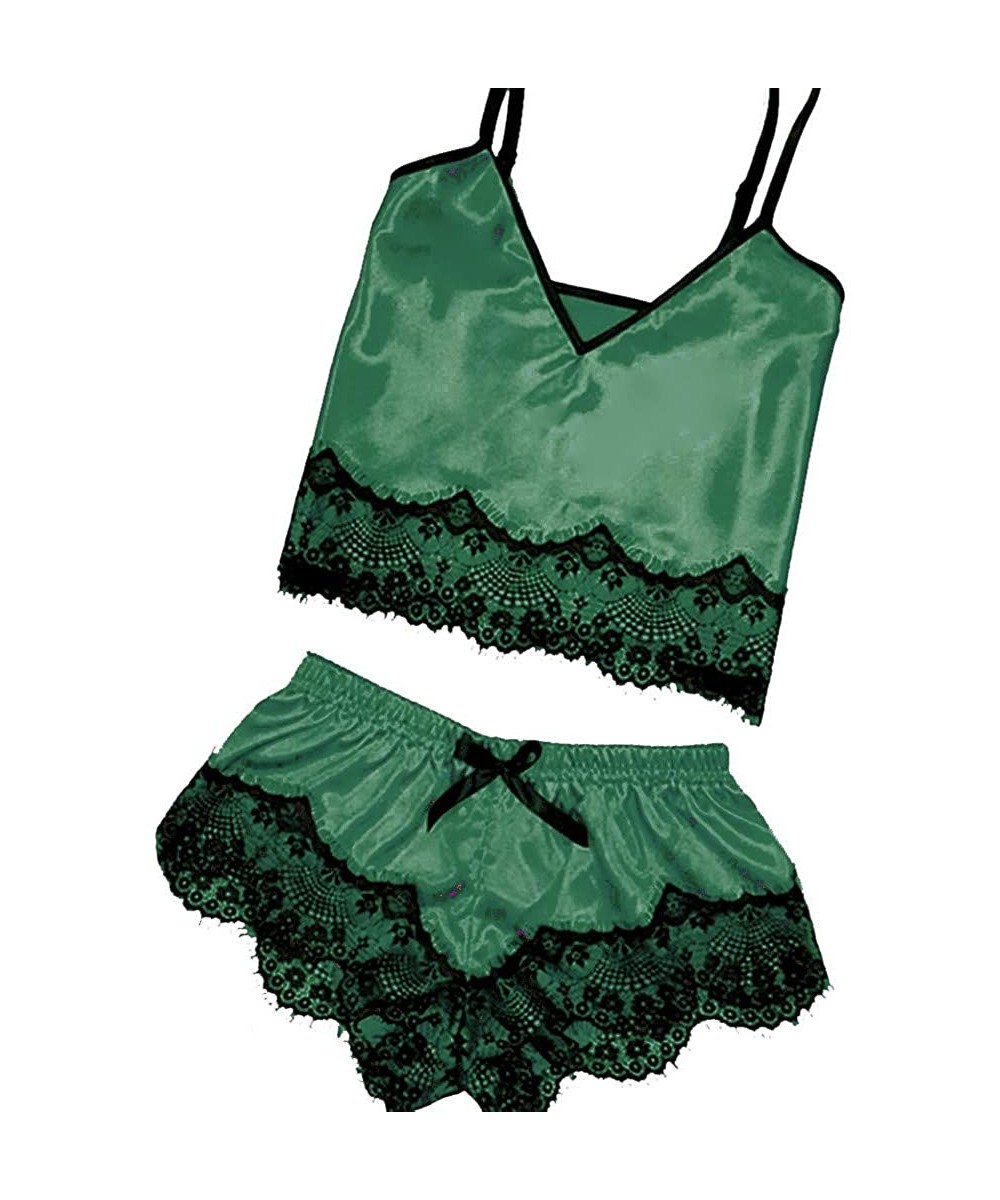 Tops Women Sleepwear Sleeveless Strap Nightwear Lace Trim Satin Cami Top Pajama Sets - H-green - CS18UMYRQ0N