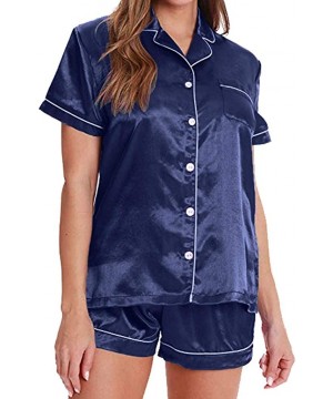 Bras Women Lingeries Summer Home Button up Solid Satin Pajama Short Sleeve Set Sleepwear Thin Lingeries - Blue - CY18S6ZX3ZO