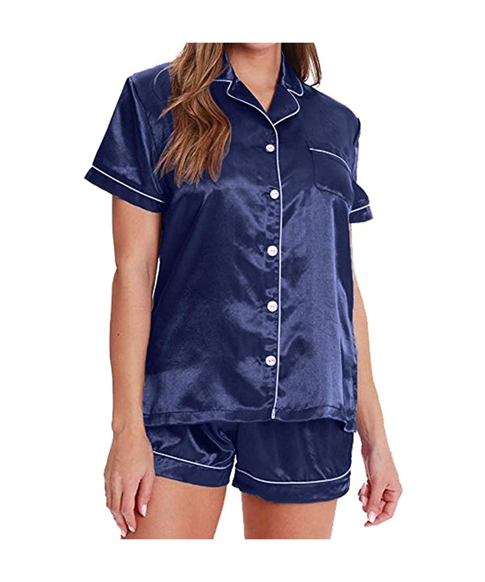 Bras Women Lingeries Summer Home Button up Solid Satin Pajama Short Sleeve Set Sleepwear Thin Lingeries - Blue - CY18S6ZX3ZO