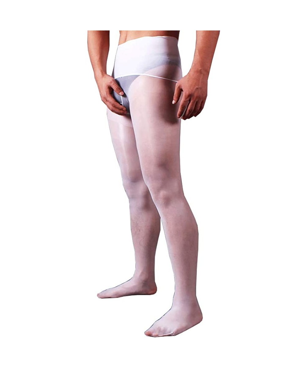 Boxer Briefs Men's 8D Oil Shiny Glossy Seamless Pantyhose with Sheath Stockings Tights - White(sheath Closed&silicone Massage...