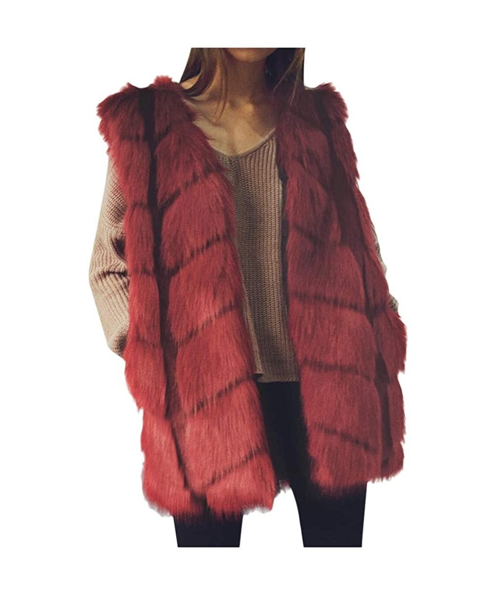 Thermal Underwear Women's Faux Fur Gilet Coat Slim Long Waistcoat Jacket Sleeveless Shrug Trench Outerwear - B-red - CB18ZUHAY25