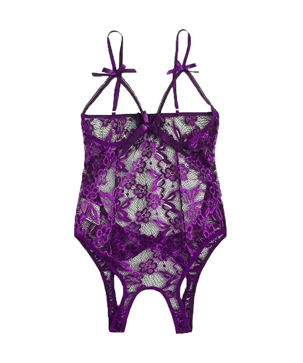 Robes One Piece Bodysuit Lingerie For Women Bow Lace Hollow Open Crotch Teddy Backless Jumpsuit Sexy Pajamas - Purple - CB197...