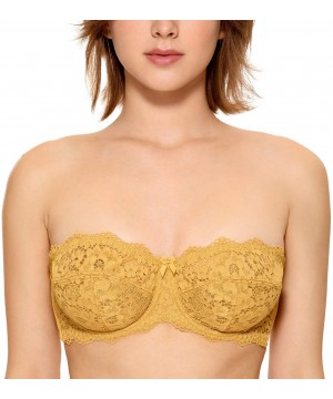 Bras Women's Lace Strapless Bra Plus Size Underwire Unlined Balconette Bras - Mustard - CV18S2H88Q8