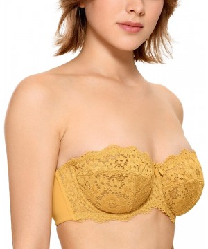 Bras Women's Lace Strapless Bra Plus Size Underwire Unlined Balconette Bras - Mustard - CV18S2H88Q8