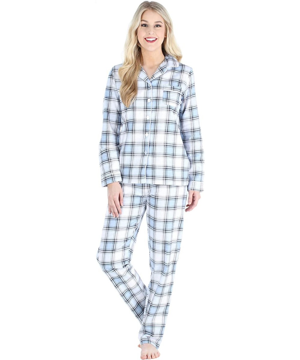 Sets Women's Cotton Flannel Long Sleeve Pajamas PJ Set - Light Blue Plaid - CN18O9KDT76