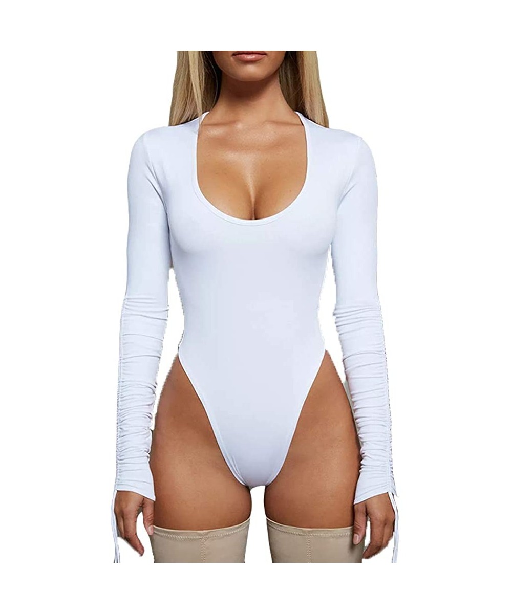 Shapewear Women Turtleneck Sexy Long Sleeve with Thumb Holes High Cut Bodysuit Candy Color Bodycon Jumpsuit Leotard Top - Sco...