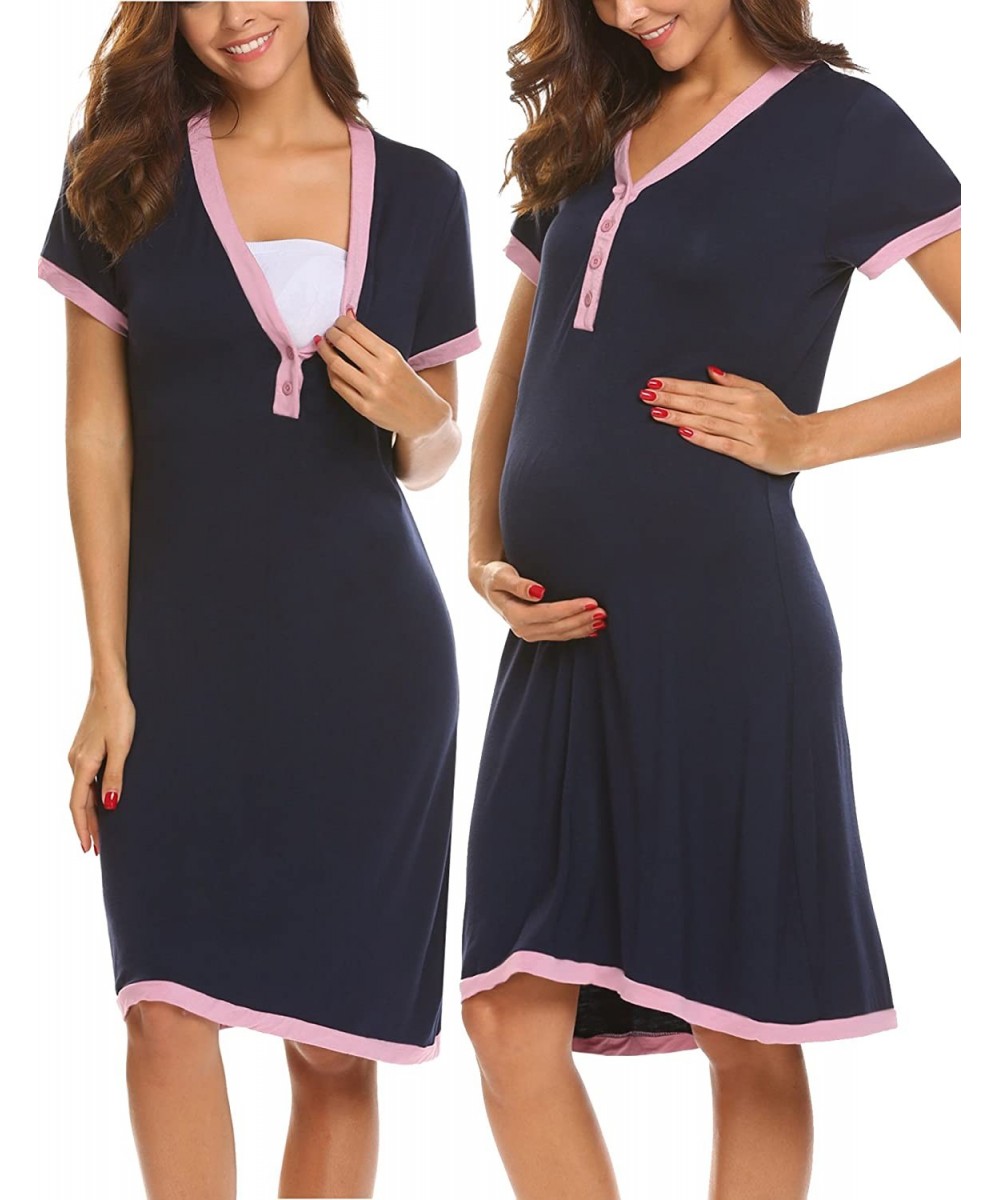 Nightgowns & Sleepshirts Women's Maternity Dress Short Sleeve Nursing Nightgown for Breastfeeding Sleepwear - Navy Blue - CN1...