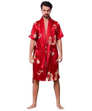 Robes Men Simulation Silk Bathrobe Long Section Sleeves with Pocket Sleepwear Home Service Thin Men's Pajamas - Red - CL18TLH...