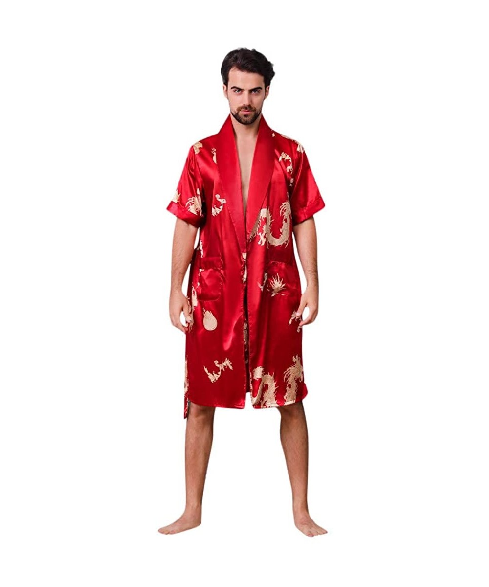 Robes Men Simulation Silk Bathrobe Long Section Sleeves with Pocket Sleepwear Home Service Thin Men's Pajamas - Red - CL18TLH...