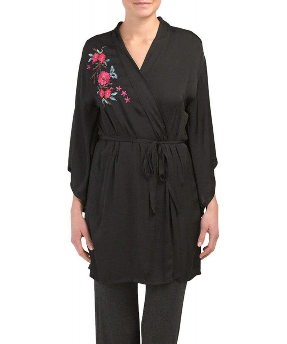 Robes Embroidered Bardot Satin Robe - Black - C1194OLSKAA