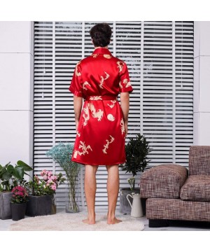 Robes Men Simulation Silk Bathrobe Long Section Sleeves with Pocket Sleepwear Home Service Thin Men's Pajamas - Red - CL18TLH...