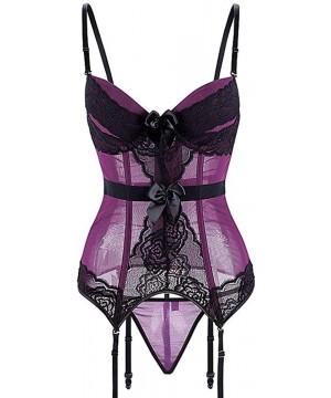 Bustiers & Corsets Womens Sexy Lace Bustier Corset Lingerie with Garter Belt Gothic Corsets - Purple - CQ18LULTAUM