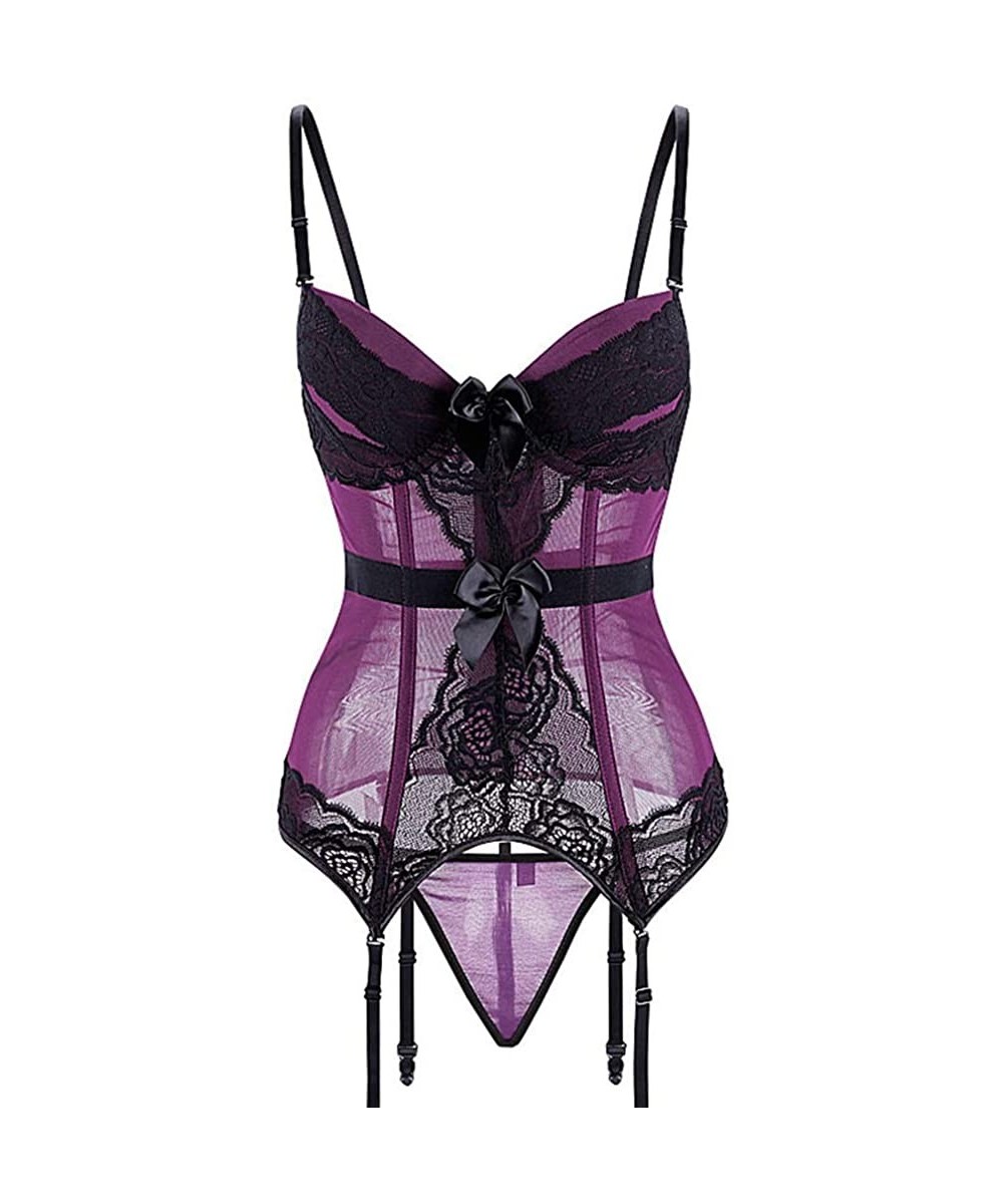 Bustiers & Corsets Womens Sexy Lace Bustier Corset Lingerie with Garter Belt Gothic Corsets - Purple - CQ18LULTAUM