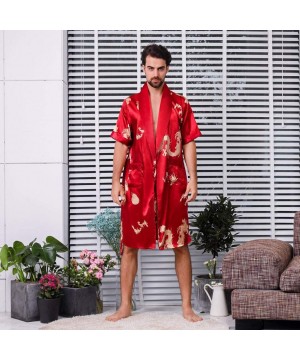 Robes Men Simulation Silk Bathrobe Long Section Sleeves with Pocket Sleepwear Home Service Thin Men's Pajamas - Red - CL18TLH...