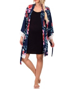 Robes Cotton Floral Kimono Robes for Women Bridesmaids Maternity with Floral Satin Lace - Blue - CJ18WZK7WZD