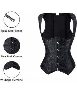 Bustiers & Corsets Women's Spiral Steel Boned Brocade Waist Cincher Underbust Corset Vest - Black - C011M64HH83