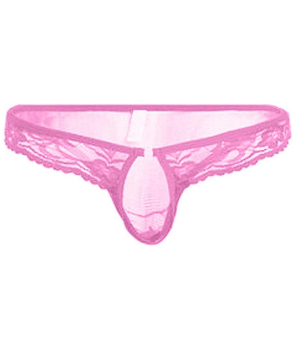 G-Strings & Thongs Men's Open Hole Underwear Sexy Lace O-Ring G-String Thongs Underwear Low Rise Bikini Panties - Pink - CT19...