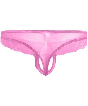 G-Strings & Thongs Men's Open Hole Underwear Sexy Lace O-Ring G-String Thongs Underwear Low Rise Bikini Panties - Pink - CT19...