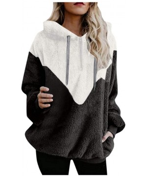 Tops Women Hooded Sweatshirt Patchwork Winter Warm Wool Zipper Cotton Outwear Tops - Black - CY18ZMSCI05