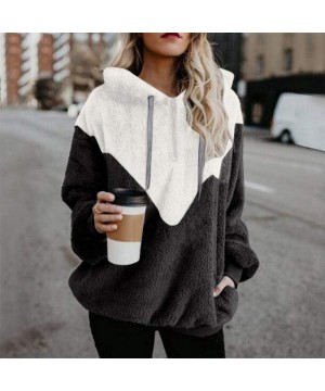 Tops Women Hooded Sweatshirt Patchwork Winter Warm Wool Zipper Cotton Outwear Tops - Black - CY18ZMSCI05