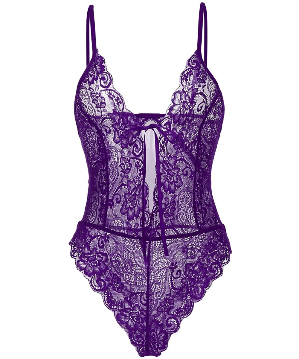 Baby Dolls & Chemises Women One Piece Teddy Lingerie Deep V Bodysuit Sexy Lace Babydoll Sleepwear - Purple - C718I8L7Y8Q