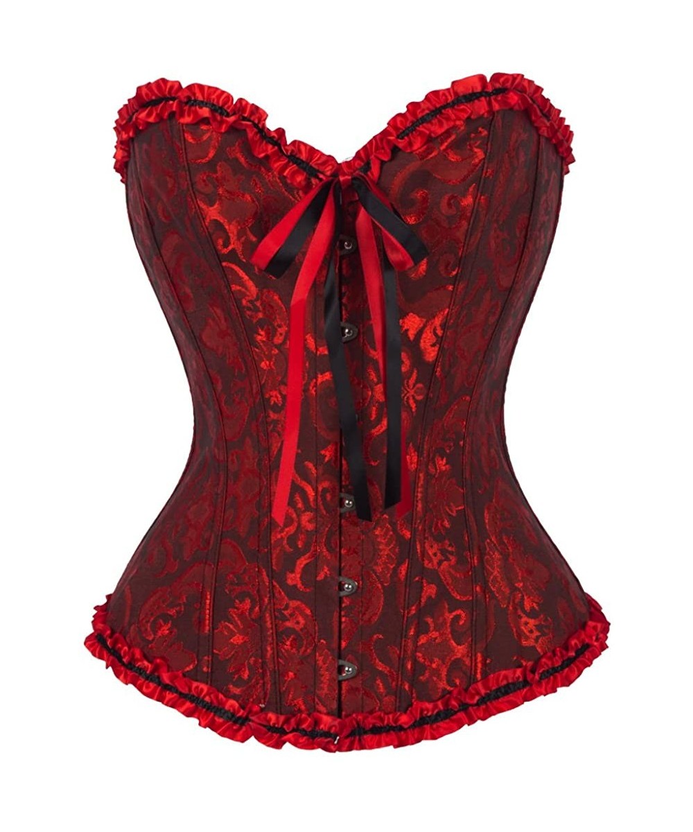 Bustiers & Corsets Womens Floral Lace Trim Corset Overbust Waist Cincher Bustier Top Lingerie Shaper Plus Size - Deep Red - C...