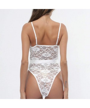 Slips Women Lace Deep V-Neck Mesh Underwear Pajamas Lingerie Sexy Sleeveless Underwear - White - CL18U7HKYHU