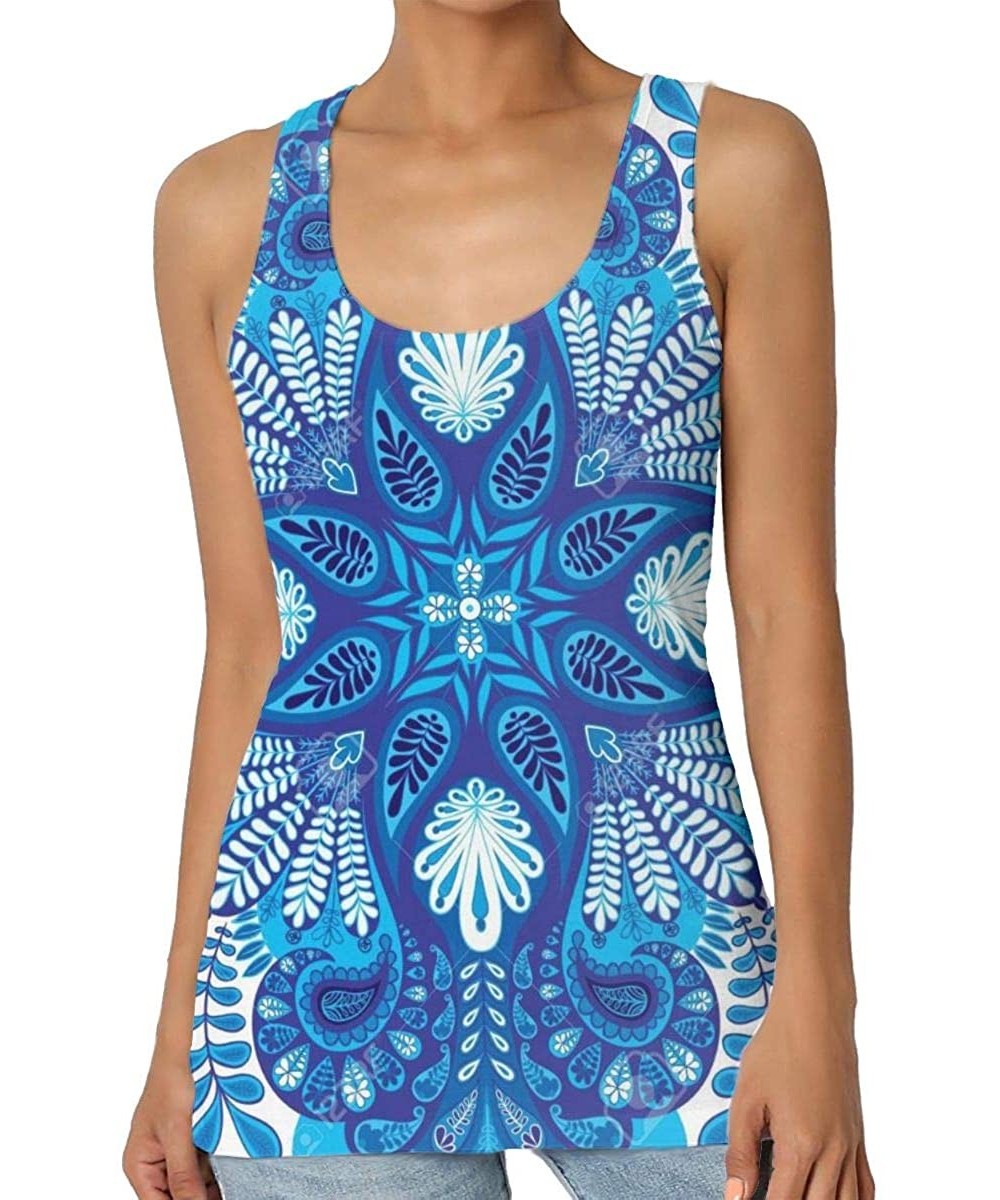 Camisoles & Tanks Girl's India Vector Paisley Blue Color Retro Ethnic Print Mandala Tank Top Tanktop Women Basic Plain Premiu...