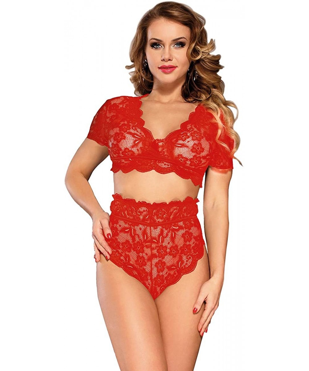 Bras Women Lace Bra and Panty Set Plus Size High Waist 2 Piece Lingerie Set M-5XL - Red - CQ18RML2TRC